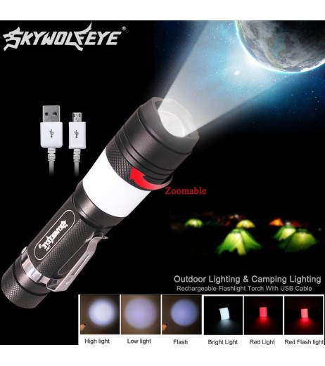 5000LM Camping Flashlight CREE T6 Rotary Zoom Focusing LED USB Rechargeable Torch Wihte Red Light