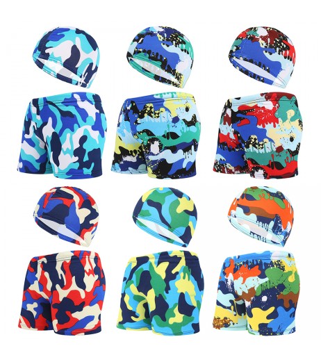 Children Swimming Trunks Caps Camo Swimsuit Printed Colorful Shorts Briefs Hat For Kids Swim Pool Beach Bathing Swimwear